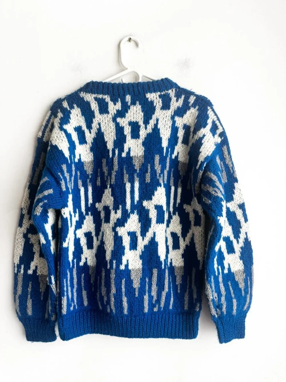 Vintage Wool Blend Blue Geometric Print Colourful Pullover S/M
